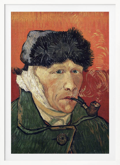 Vincent van Gogh's 'Self-Portrait with Bandaged Ear and Pipe', showing the artist in a green coat and dark hat, with a bandage on his ear, smoking a pipe against a bright red-orange background. Wall Art