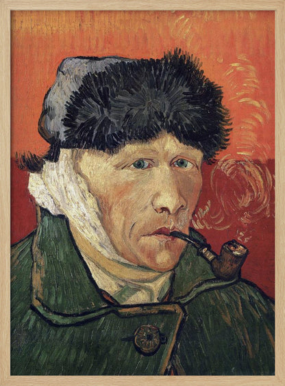 Vincent van Gogh's 'Self-Portrait with Bandaged Ear and Pipe', showing the artist in a green coat and dark hat, with a bandage on his ear, smoking a pipe against a bright red-orange background. Wall Art