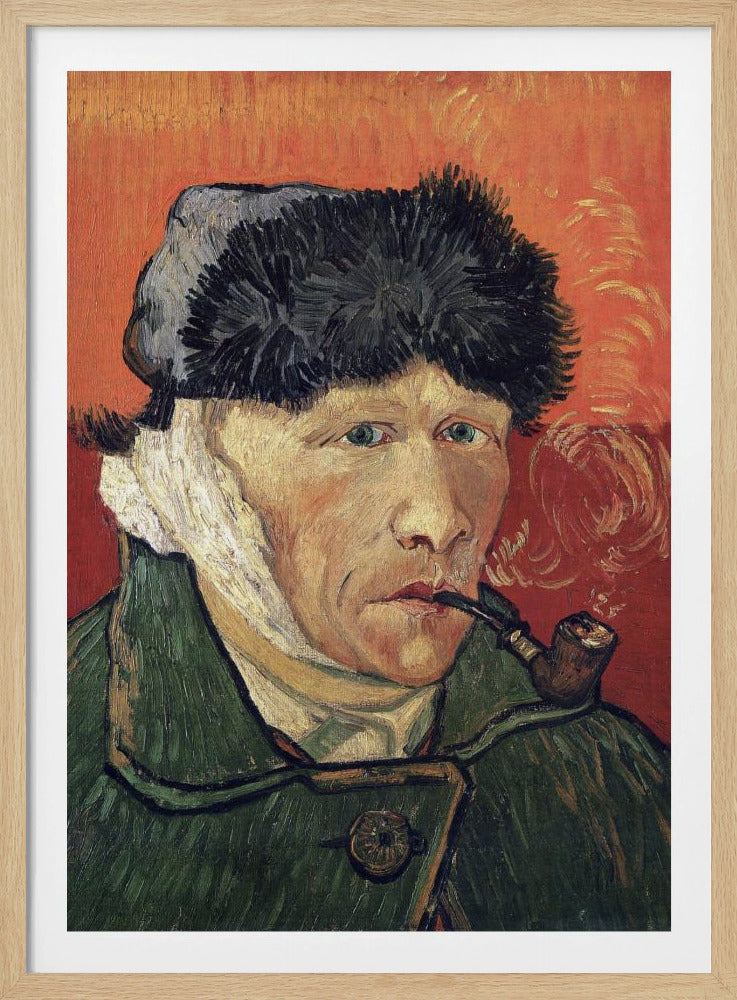 Vincent van Gogh's 'Self-Portrait with Bandaged Ear and Pipe', showing the artist in a green coat and dark hat, with a bandage on his ear, smoking a pipe against a bright red-orange background. Wall Art