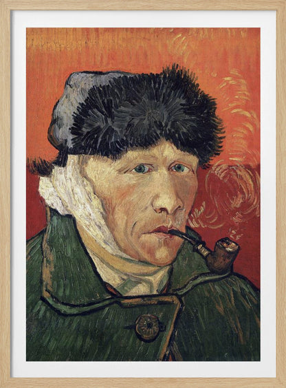 Vincent van Gogh's 'Self-Portrait with Bandaged Ear and Pipe', showing the artist in a green coat and dark hat, with a bandage on his ear, smoking a pipe against a bright red-orange background. Wall Art
