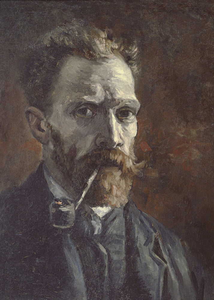 A framed, dark, and moody oil painting of Vincent van Gogh's self-portrait. He looks directly at the viewer with an intense expression, a pipe held in his mouth. He has a reddish beard and mustache and is wearing a dark suit against a dark brown, textured background. Decor