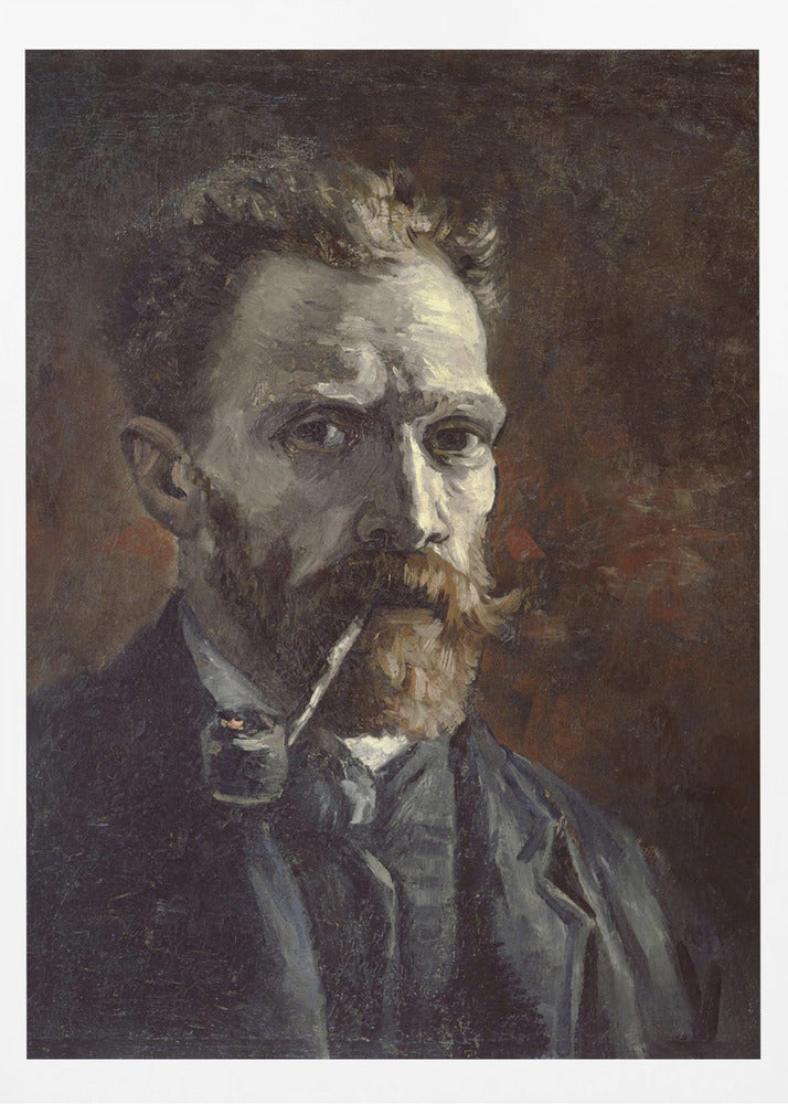 A framed, dark, and moody oil painting of Vincent van Gogh's self-portrait. He looks directly at the viewer with an intense expression, a pipe held in his mouth. He has a reddish beard and mustache and is wearing a dark suit against a dark brown, textured background. Decor