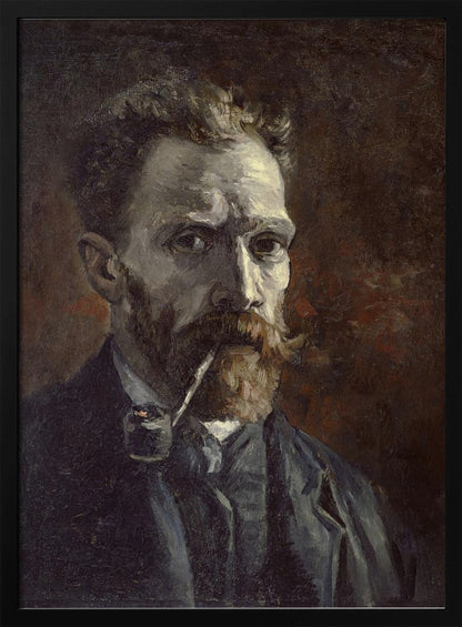 A framed, dark, and moody oil painting of Vincent van Gogh's self-portrait. He looks directly at the viewer with an intense expression, a pipe held in his mouth. He has a reddish beard and mustache and is wearing a dark suit against a dark brown, textured background. Decor