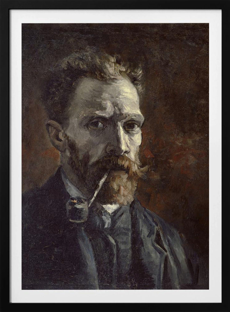 A framed, dark, and moody oil painting of Vincent van Gogh's self-portrait. He looks directly at the viewer with an intense expression, a pipe held in his mouth. He has a reddish beard and mustache and is wearing a dark suit against a dark brown, textured background. Decor