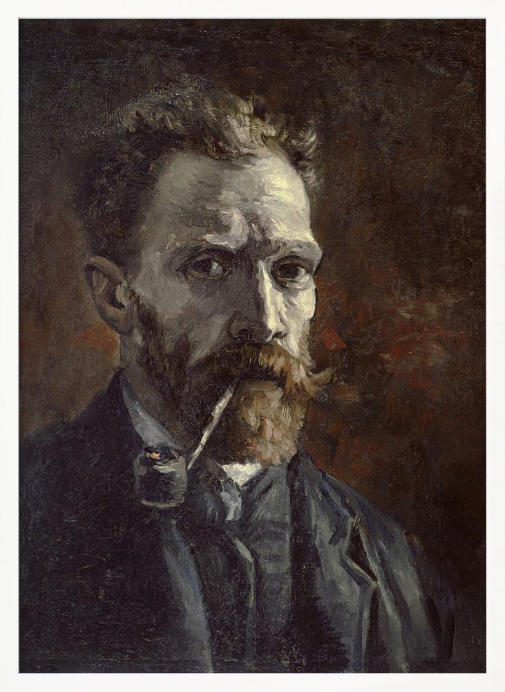 A framed, dark, and moody oil painting of Vincent van Gogh's self-portrait. He looks directly at the viewer with an intense expression, a pipe held in his mouth. He has a reddish beard and mustache and is wearing a dark suit against a dark brown, textured background. Decor