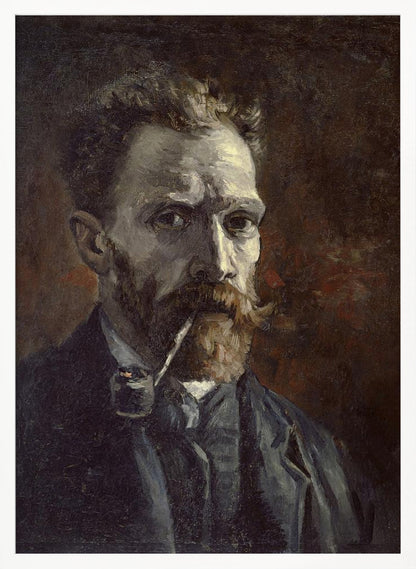 A framed, dark, and moody oil painting of Vincent van Gogh's self-portrait. He looks directly at the viewer with an intense expression, a pipe held in his mouth. He has a reddish beard and mustache and is wearing a dark suit against a dark brown, textured background. Decor
