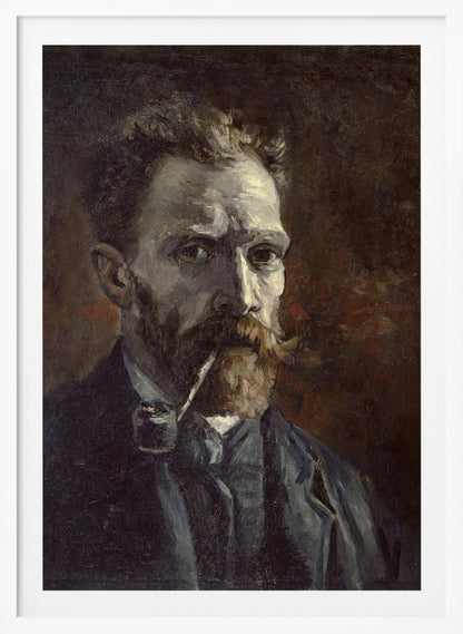 A framed, dark, and moody oil painting of Vincent van Gogh's self-portrait. He looks directly at the viewer with an intense expression, a pipe held in his mouth. He has a reddish beard and mustache and is wearing a dark suit against a dark brown, textured background. Decor