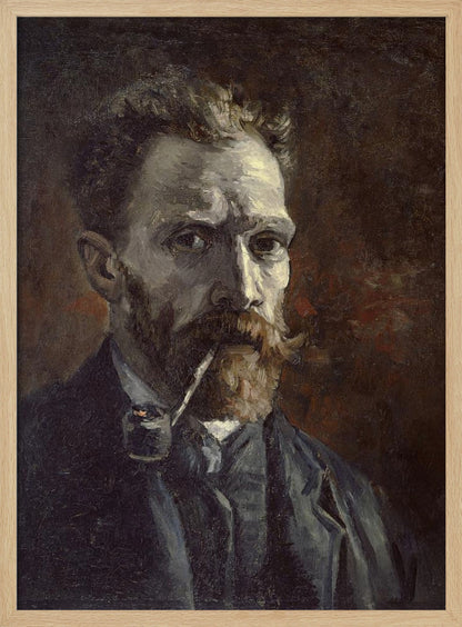 A framed, dark, and moody oil painting of Vincent van Gogh's self-portrait. He looks directly at the viewer with an intense expression, a pipe held in his mouth. He has a reddish beard and mustache and is wearing a dark suit against a dark brown, textured background. Decor