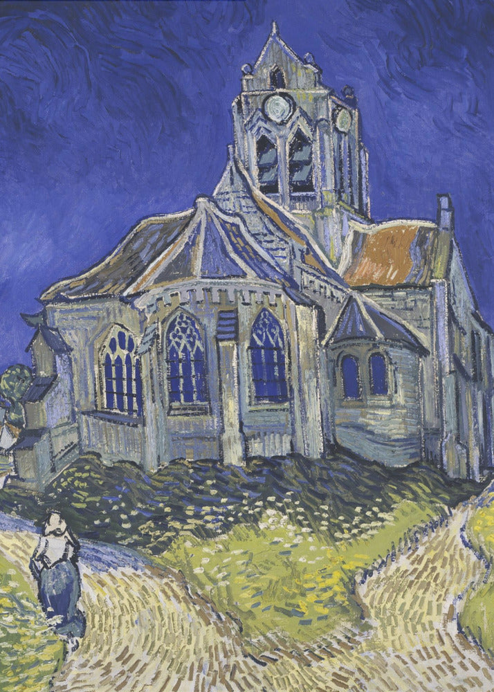 A post-impressionist painting by Vincent van Gogh, 'The Church at Auvers.' The artwork features a large, slightly distorted church under a turbulent, deep blue sky. A lone figure of a woman walks on a path in the foreground, which is rendered in strokes of green, yellow, and earth tones, typical of Van Gogh's expressive style. Artwork