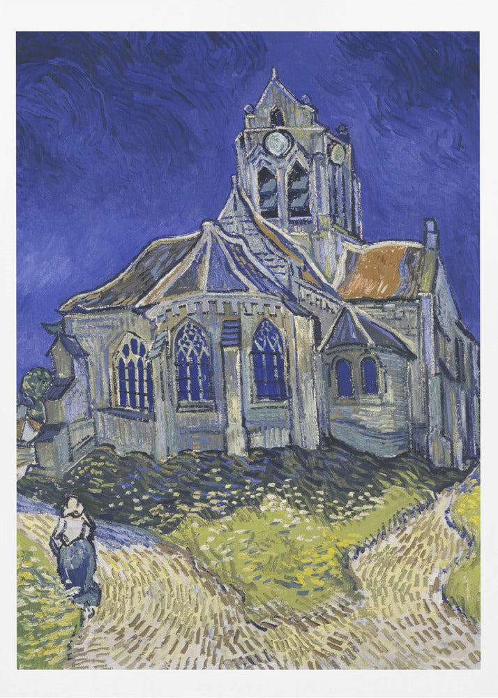 A post-impressionist painting by Vincent van Gogh, 'The Church at Auvers.' The artwork features a large, slightly distorted church under a turbulent, deep blue sky. A lone figure of a woman walks on a path in the foreground, which is rendered in strokes of green, yellow, and earth tones, typical of Van Gogh's expressive style. Artwork