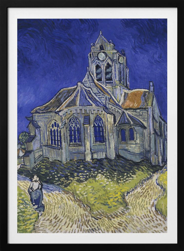 A post-impressionist painting by Vincent van Gogh, 'The Church at Auvers.' The artwork features a large, slightly distorted church under a turbulent, deep blue sky. A lone figure of a woman walks on a path in the foreground, which is rendered in strokes of green, yellow, and earth tones, typical of Van Gogh's expressive style. Artwork