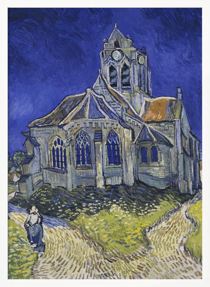 A post-impressionist painting by Vincent van Gogh, 'The Church at Auvers.' The artwork features a large, slightly distorted church under a turbulent, deep blue sky. A lone figure of a woman walks on a path in the foreground, which is rendered in strokes of green, yellow, and earth tones, typical of Van Gogh's expressive style. Artwork