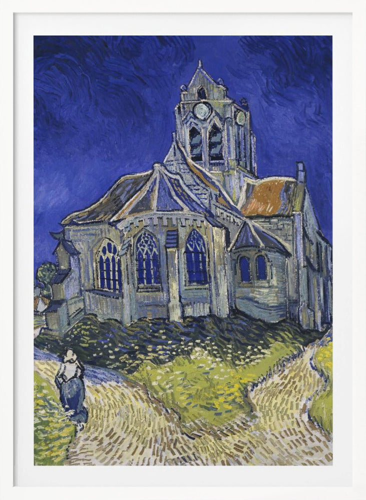 A post-impressionist painting by Vincent van Gogh, 'The Church at Auvers.' The artwork features a large, slightly distorted church under a turbulent, deep blue sky. A lone figure of a woman walks on a path in the foreground, which is rendered in strokes of green, yellow, and earth tones, typical of Van Gogh's expressive style. Artwork