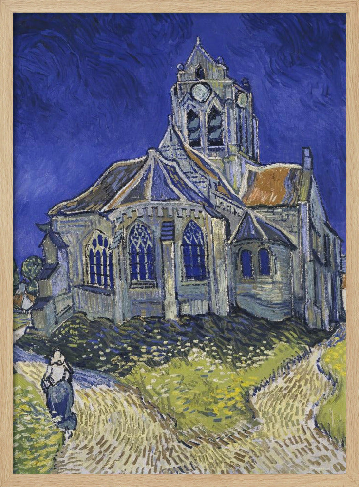 A post-impressionist painting by Vincent van Gogh, 'The Church at Auvers.' The artwork features a large, slightly distorted church under a turbulent, deep blue sky. A lone figure of a woman walks on a path in the foreground, which is rendered in strokes of green, yellow, and earth tones, typical of Van Gogh's expressive style. Artwork