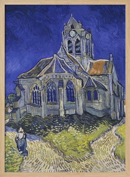 A post-impressionist painting by Vincent van Gogh, 'The Church at Auvers.' The artwork features a large, slightly distorted church under a turbulent, deep blue sky. A lone figure of a woman walks on a path in the foreground, which is rendered in strokes of green, yellow, and earth tones, typical of Van Gogh's expressive style. Artwork