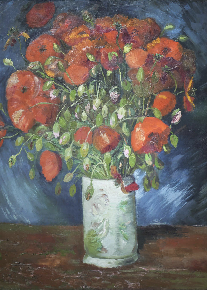 An impressionist-style oil painting of a vibrant bouquet of red and orange poppies in a white patterned vase, set against a dark blue and brown background, enclosed in a simple black frame. Artwork
