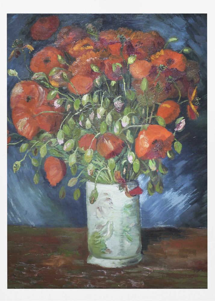 An impressionist-style oil painting of a vibrant bouquet of red and orange poppies in a white patterned vase, set against a dark blue and brown background, enclosed in a simple black frame. Artwork