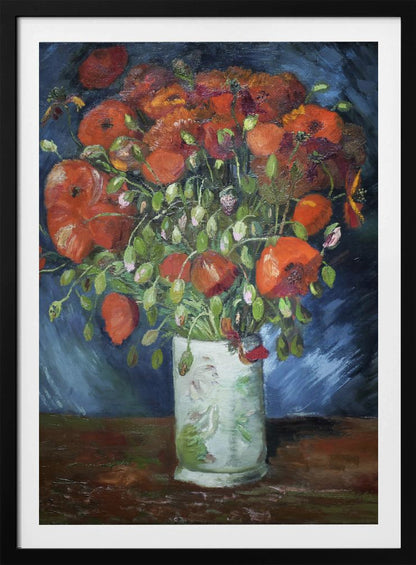 An impressionist-style oil painting of a vibrant bouquet of red and orange poppies in a white patterned vase, set against a dark blue and brown background, enclosed in a simple black frame. Artwork