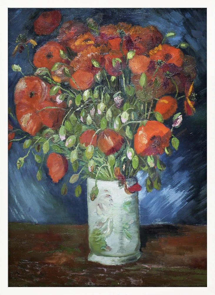 An impressionist-style oil painting of a vibrant bouquet of red and orange poppies in a white patterned vase, set against a dark blue and brown background, enclosed in a simple black frame. Artwork