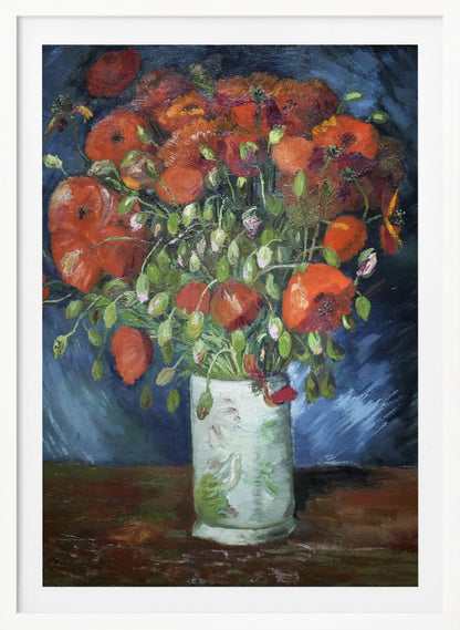 An impressionist-style oil painting of a vibrant bouquet of red and orange poppies in a white patterned vase, set against a dark blue and brown background, enclosed in a simple black frame. Artwork