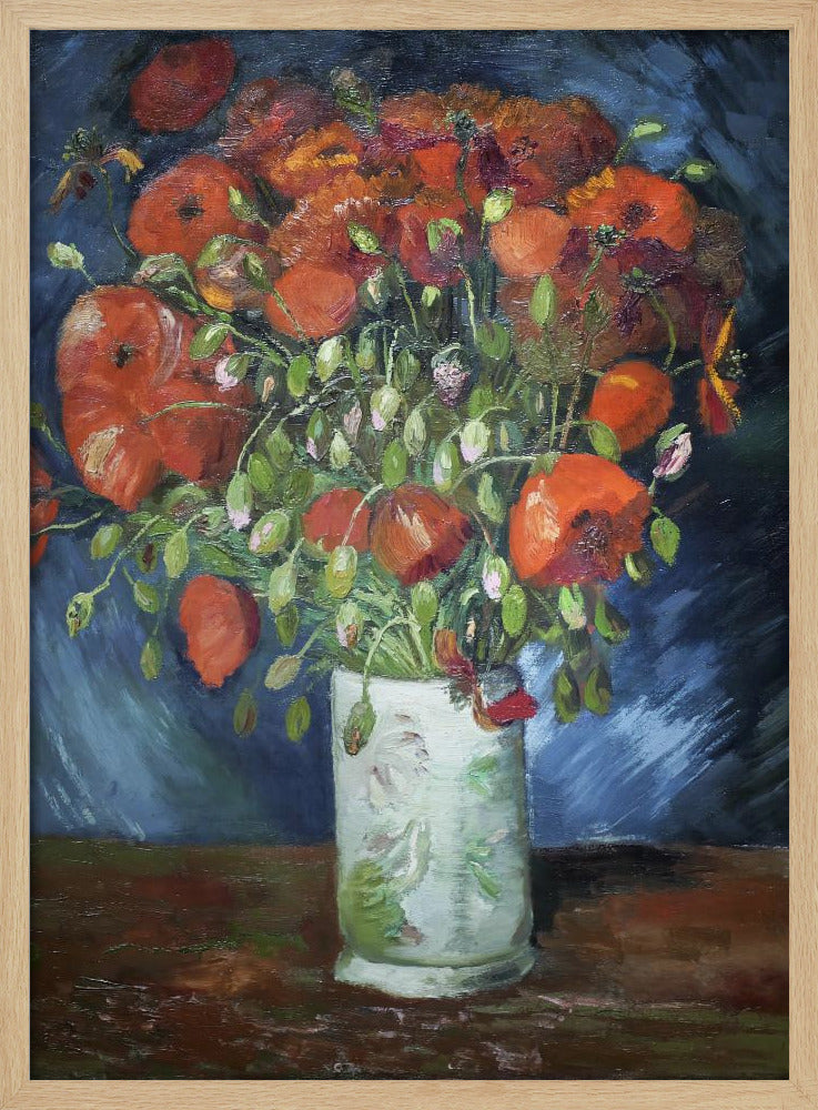 An impressionist-style oil painting of a vibrant bouquet of red and orange poppies in a white patterned vase, set against a dark blue and brown background, enclosed in a simple black frame. Artwork