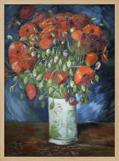 An impressionist-style oil painting of a vibrant bouquet of red and orange poppies in a white patterned vase, set against a dark blue and brown background, enclosed in a simple black frame. Artwork