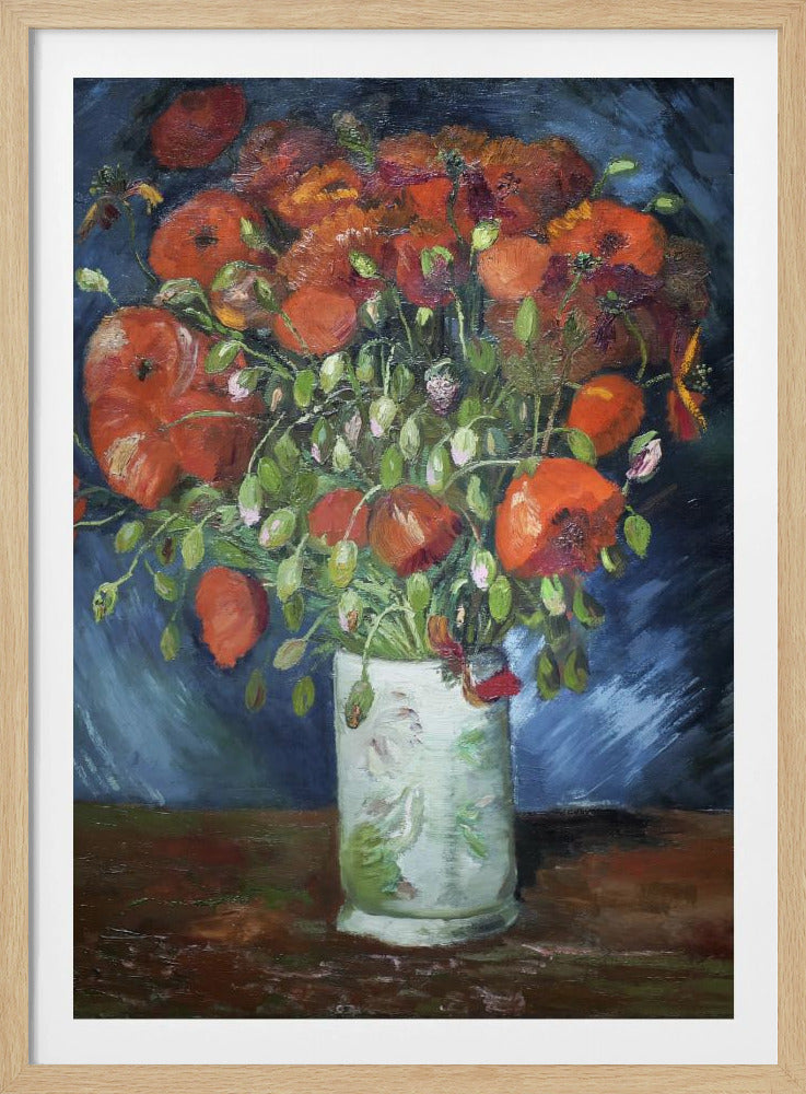An impressionist-style oil painting of a vibrant bouquet of red and orange poppies in a white patterned vase, set against a dark blue and brown background, enclosed in a simple black frame. Artwork