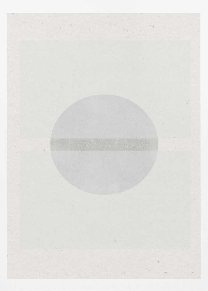 Minimalist geometric art featuring a grey circle crossed by a darker grey stripe on a textured off-white paper.