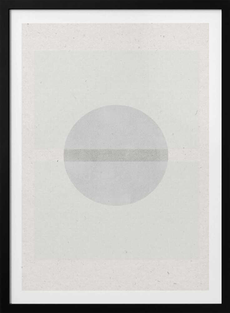 Minimalist geometric art featuring a grey circle crossed by a darker grey stripe on a textured off-white paper.