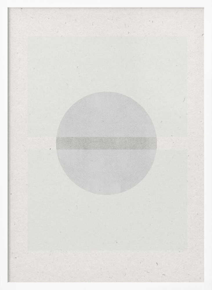Minimalist geometric art featuring a grey circle crossed by a darker grey stripe on a textured off-white paper.