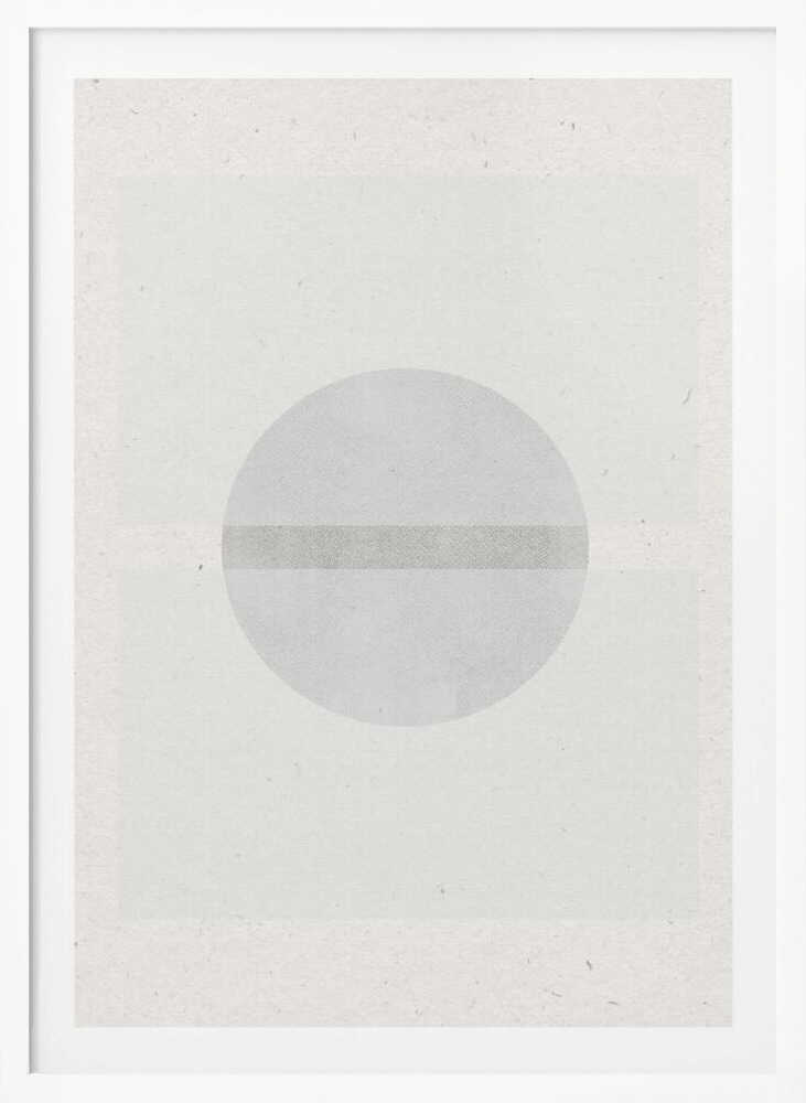 Minimalist geometric art featuring a grey circle crossed by a darker grey stripe on a textured off-white paper.