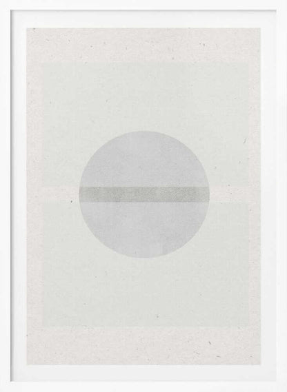 Minimalist geometric art featuring a grey circle crossed by a darker grey stripe on a textured off-white paper.