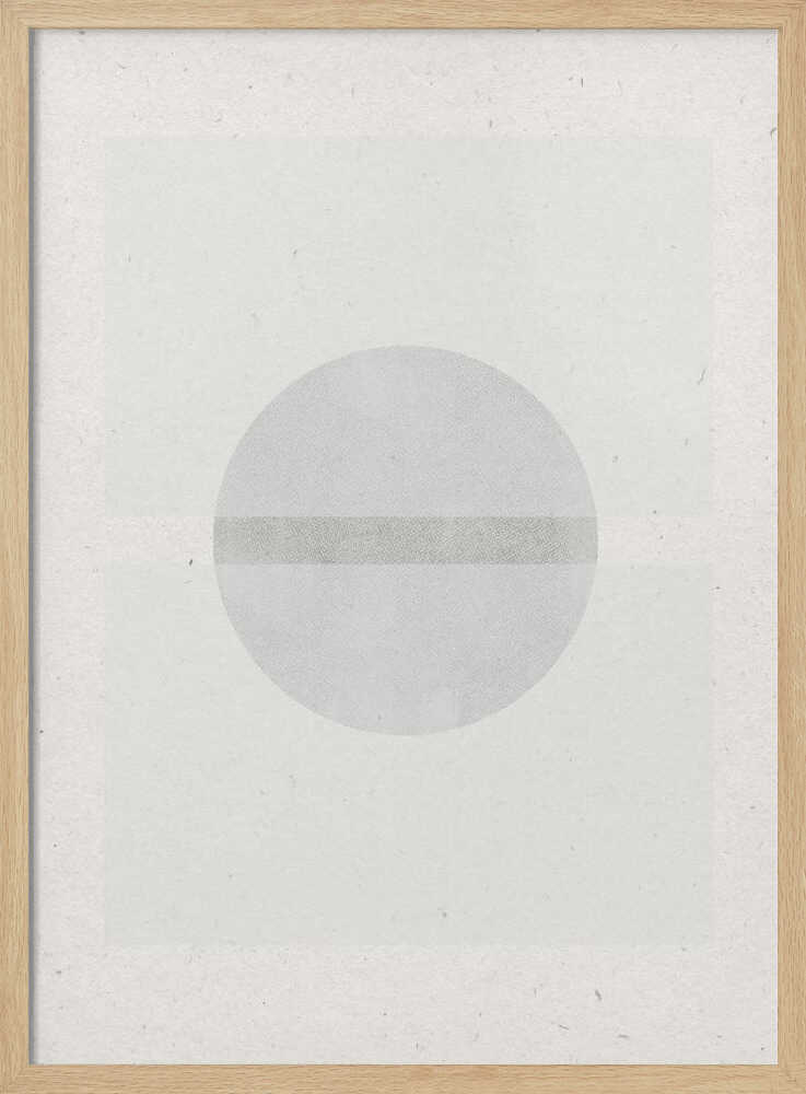 Minimalist geometric art featuring a grey circle crossed by a darker grey stripe on a textured off-white paper.