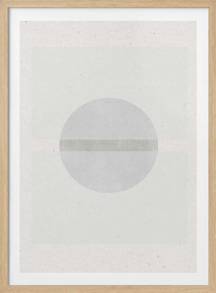 Minimalist geometric art featuring a grey circle crossed by a darker grey stripe on a textured off-white paper.