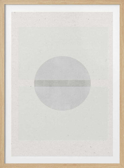 Minimalist geometric art featuring a grey circle crossed by a darker grey stripe on a textured off-white paper.