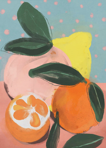 A colorful, painterly still life of various citrus fruits, including a vibrant orange, a halved orange, a pink grapefruit, and a yellow lemon, all with dark green leaves. The background features a peachy-pink surface and a light blue wall with pink polka dots. Artwork