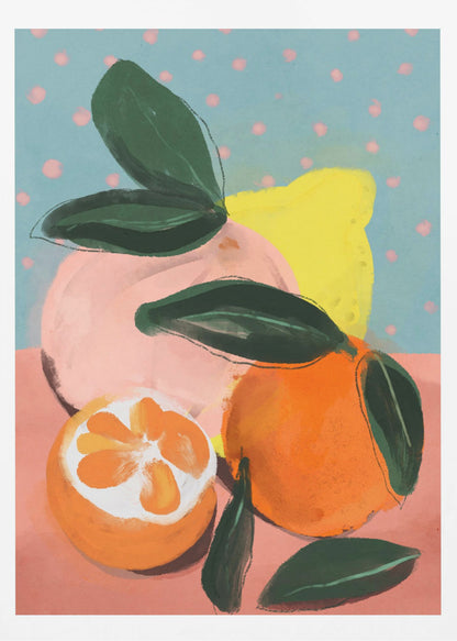 A colorful, painterly still life of various citrus fruits, including a vibrant orange, a halved orange, a pink grapefruit, and a yellow lemon, all with dark green leaves. The background features a peachy-pink surface and a light blue wall with pink polka dots. Artwork