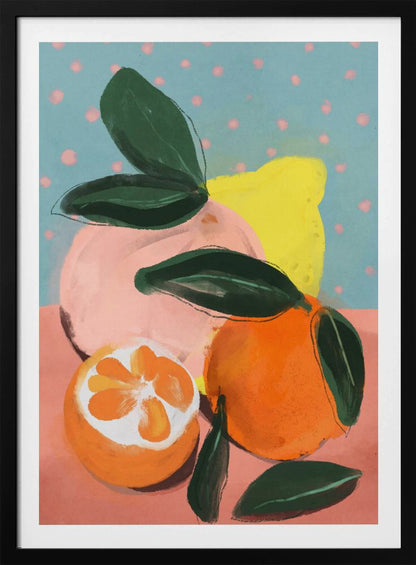 A colorful, painterly still life of various citrus fruits, including a vibrant orange, a halved orange, a pink grapefruit, and a yellow lemon, all with dark green leaves. The background features a peachy-pink surface and a light blue wall with pink polka dots. Artwork