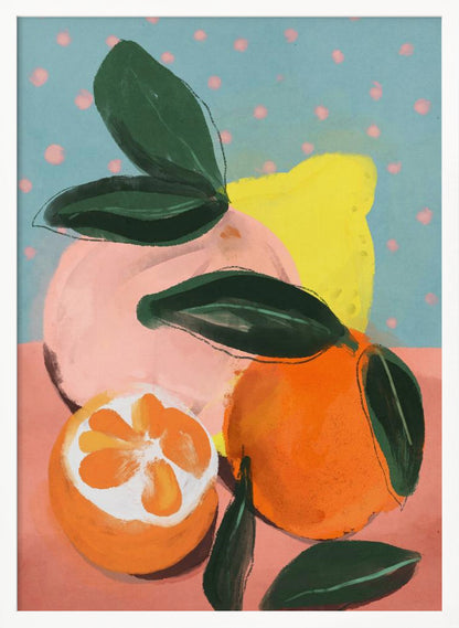 A colorful, painterly still life of various citrus fruits, including a vibrant orange, a halved orange, a pink grapefruit, and a yellow lemon, all with dark green leaves. The background features a peachy-pink surface and a light blue wall with pink polka dots. Artwork
