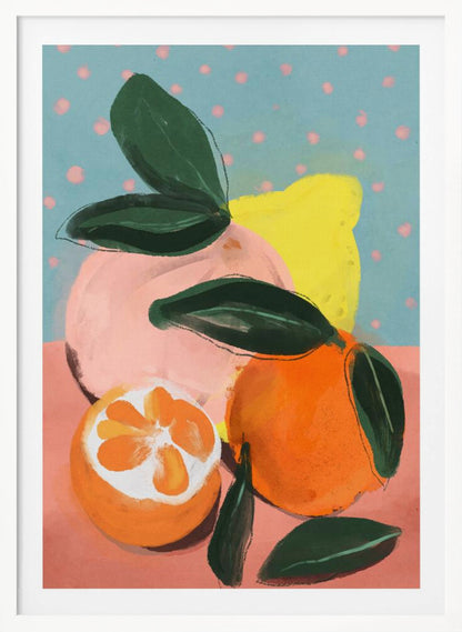 A colorful, painterly still life of various citrus fruits, including a vibrant orange, a halved orange, a pink grapefruit, and a yellow lemon, all with dark green leaves. The background features a peachy-pink surface and a light blue wall with pink polka dots. Artwork