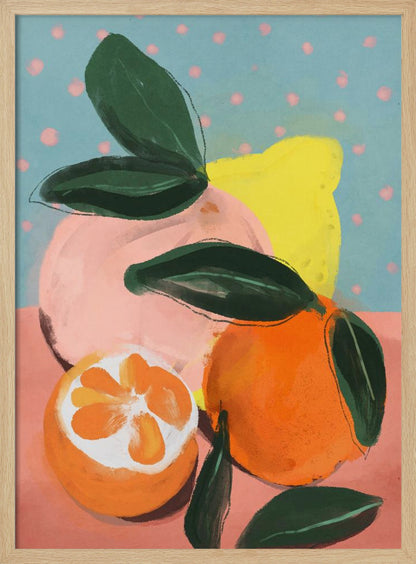 A colorful, painterly still life of various citrus fruits, including a vibrant orange, a halved orange, a pink grapefruit, and a yellow lemon, all with dark green leaves. The background features a peachy-pink surface and a light blue wall with pink polka dots. Artwork