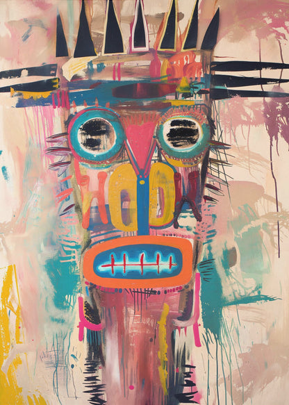 A vibrant, neo-expressionist abstract painting of a crowned figure's head. The face is composed of bold shapes and colors, including large turquoise-ringed eyes with black scribbles, a pink triangular nose, and an orange mouth with stitch-like teeth. A jagged black crown sits atop the head. The background is a mix of pink and beige washes, with energetic brushstrokes and drips throughout, creating a raw, graffiti-like aesthetic. Poster