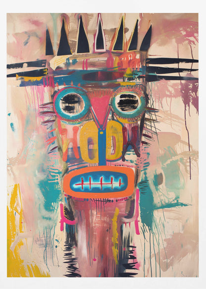 A vibrant, neo-expressionist abstract painting of a crowned figure's head. The face is composed of bold shapes and colors, including large turquoise-ringed eyes with black scribbles, a pink triangular nose, and an orange mouth with stitch-like teeth. A jagged black crown sits atop the head. The background is a mix of pink and beige washes, with energetic brushstrokes and drips throughout, creating a raw, graffiti-like aesthetic. Poster