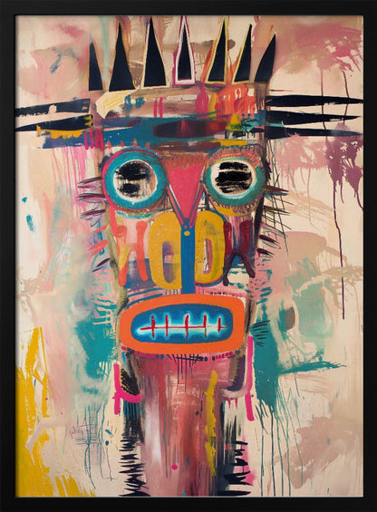 A vibrant, neo-expressionist abstract painting of a crowned figure's head. The face is composed of bold shapes and colors, including large turquoise-ringed eyes with black scribbles, a pink triangular nose, and an orange mouth with stitch-like teeth. A jagged black crown sits atop the head. The background is a mix of pink and beige washes, with energetic brushstrokes and drips throughout, creating a raw, graffiti-like aesthetic. Poster