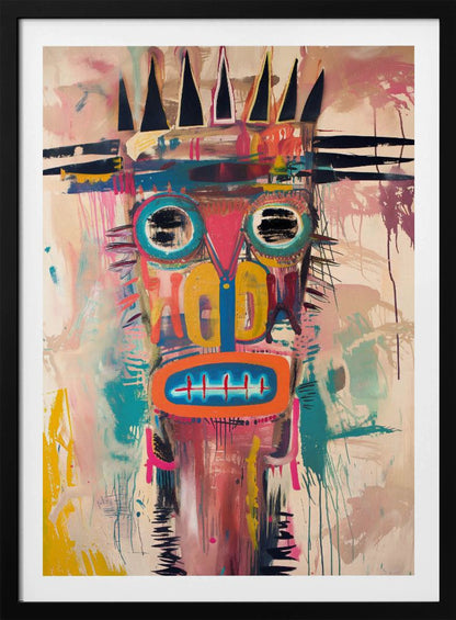 A vibrant, neo-expressionist abstract painting of a crowned figure's head. The face is composed of bold shapes and colors, including large turquoise-ringed eyes with black scribbles, a pink triangular nose, and an orange mouth with stitch-like teeth. A jagged black crown sits atop the head. The background is a mix of pink and beige washes, with energetic brushstrokes and drips throughout, creating a raw, graffiti-like aesthetic. Poster