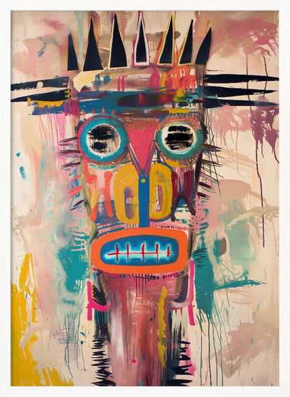 A vibrant, neo-expressionist abstract painting of a crowned figure's head. The face is composed of bold shapes and colors, including large turquoise-ringed eyes with black scribbles, a pink triangular nose, and an orange mouth with stitch-like teeth. A jagged black crown sits atop the head. The background is a mix of pink and beige washes, with energetic brushstrokes and drips throughout, creating a raw, graffiti-like aesthetic. Poster