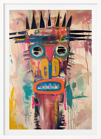 A vibrant, neo-expressionist abstract painting of a crowned figure's head. The face is composed of bold shapes and colors, including large turquoise-ringed eyes with black scribbles, a pink triangular nose, and an orange mouth with stitch-like teeth. A jagged black crown sits atop the head. The background is a mix of pink and beige washes, with energetic brushstrokes and drips throughout, creating a raw, graffiti-like aesthetic. Poster