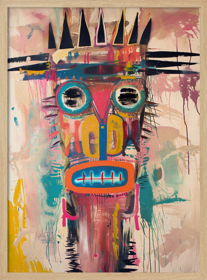 A vibrant, neo-expressionist abstract painting of a crowned figure's head. The face is composed of bold shapes and colors, including large turquoise-ringed eyes with black scribbles, a pink triangular nose, and an orange mouth with stitch-like teeth. A jagged black crown sits atop the head. The background is a mix of pink and beige washes, with energetic brushstrokes and drips throughout, creating a raw, graffiti-like aesthetic. Poster