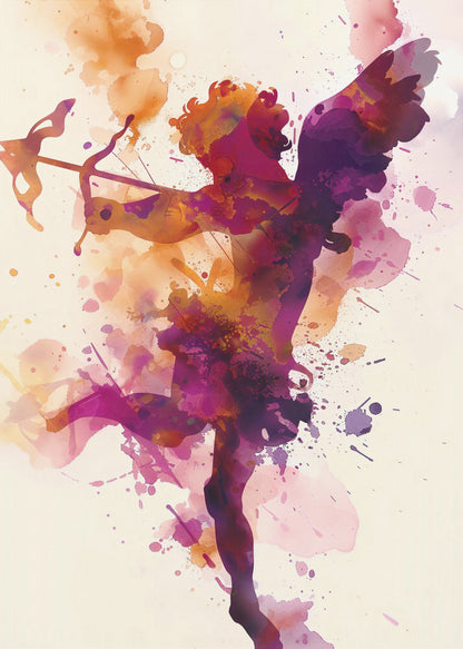 A vibrant watercolor painting of Cupid shown in silhouette. The figure of the winged god of love is filled with a blend of purple, pink, and orange hues, with splatters of paint creating a dynamic effect. He is aiming a bow and arrow, set against a plain off-white background and framed in black. Poster