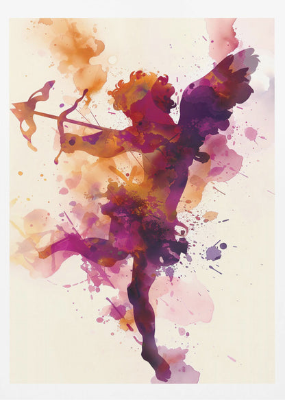 A vibrant watercolor painting of Cupid shown in silhouette. The figure of the winged god of love is filled with a blend of purple, pink, and orange hues, with splatters of paint creating a dynamic effect. He is aiming a bow and arrow, set against a plain off-white background and framed in black. Poster